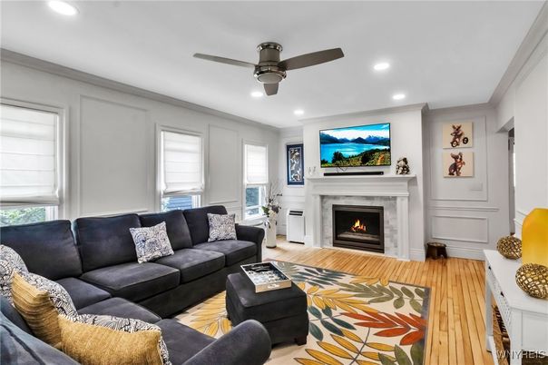 Fireplace, Interior, Living room, Recessed Lighting, Wood Texture Flooring