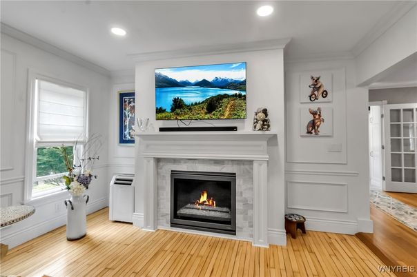 Fireplace, Interior, Recessed Lighting, Wood Texture Flooring