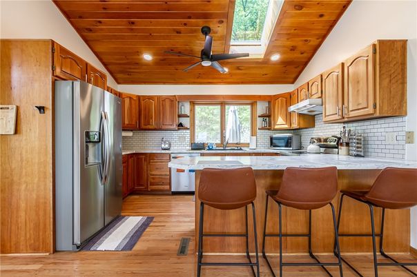 Interior, Kitchen, Recessed Lighting, Stainless Steel Appliances, Wooden Ceilings, Wood Texture Flooring