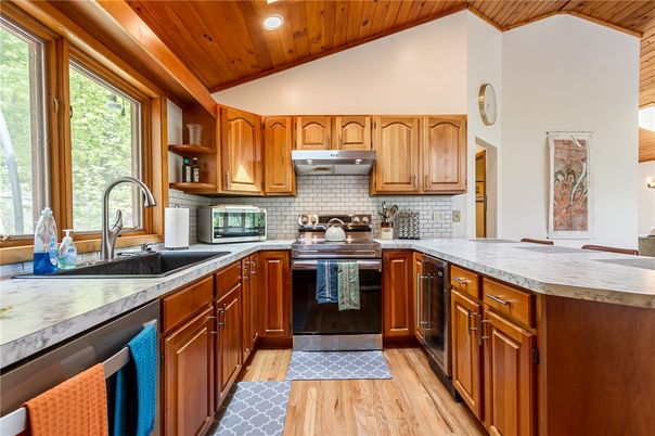 Interior, Kitchen, Recessed Lighting, Stainless Steel Appliances, Wooden Ceilings, Wood Texture Flooring