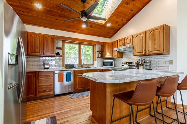 Interior, Kitchen, Recessed Lighting, Stainless Steel Appliances, Wooden Ceilings, Wood Texture Flooring