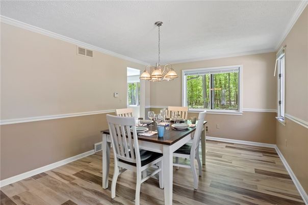 Chandelier, Dining room, Interior, Pendant Lights, Wood Texture Flooring