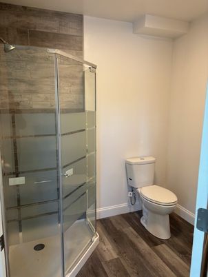 Bathroom, Glass Shower, Interior, Wood Texture Flooring