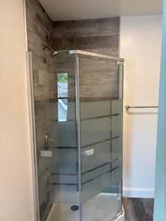 Bathroom, Glass Shower, Interior, Wood Texture Flooring