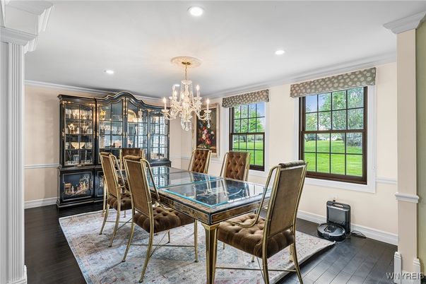 Chandelier, Dining room, Interior, Recessed Lighting, Wood Texture Flooring