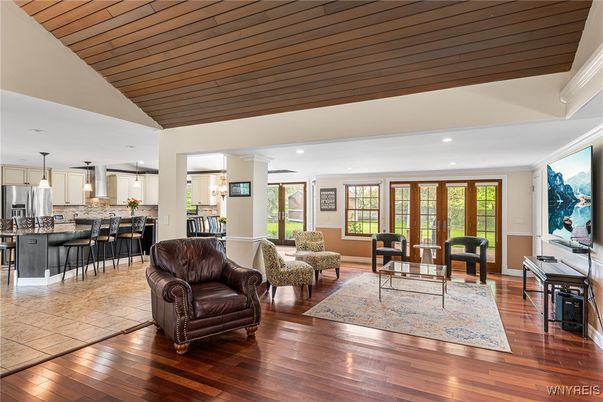 Interior, Kitchen, Living room, Pendant Lights, Recessed Lighting, Wooden Ceilings, Wood Texture Flooring