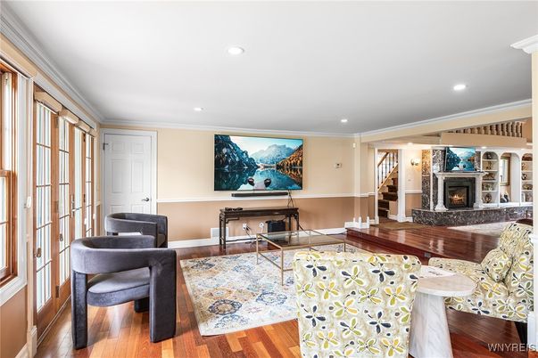 Fireplace, Interior, Living room, Recessed Lighting, Wood Texture Flooring