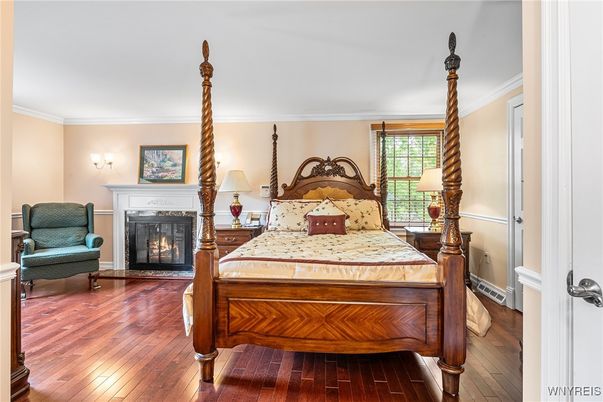 Bedroom, Fireplace, Interior, Wood Texture Flooring