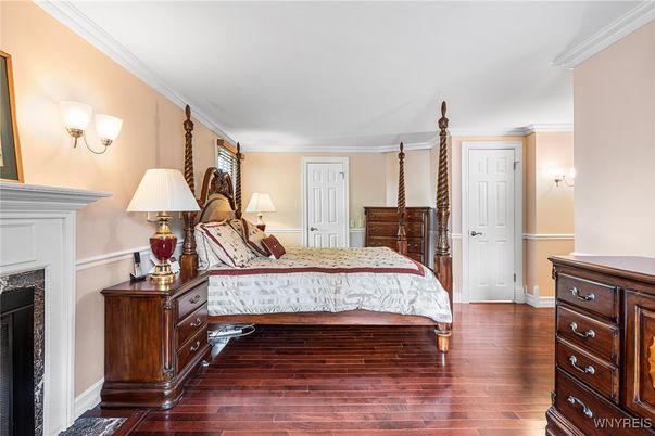 Bedroom, Fireplace, Interior, Wood Texture Flooring
