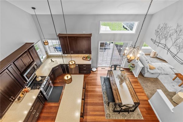 Interior, Kitchen, Living room, Pendant Lights, Wood Texture Flooring
