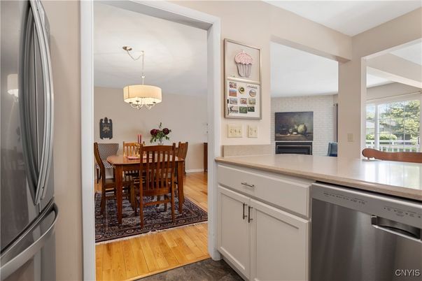 Dining room, Interior, Kitchen, Pendant Lights, Stainless Steel Appliances, Wood Texture Flooring