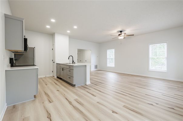 Empty room, Interior, Kitchen, Recessed Lighting, Wood Texture Flooring