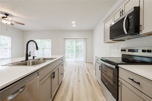 Interior, Kitchen, Recessed Lighting, Wood Texture Flooring