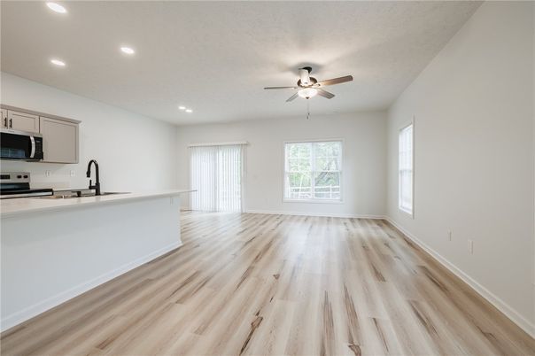 Empty room, Interior, Kitchen, Recessed Lighting, Wood Texture Flooring