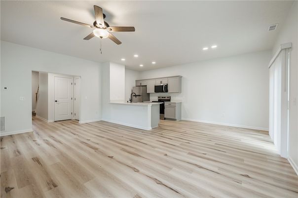 Empty room, Interior, Kitchen, Recessed Lighting, Wood Texture Flooring
