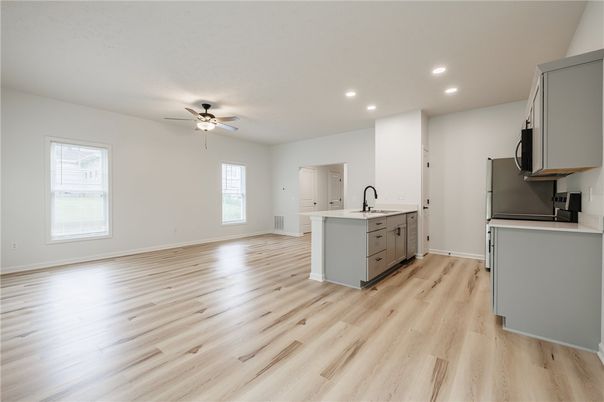 Empty room, Interior, Kitchen, Recessed Lighting, Wood Texture Flooring
