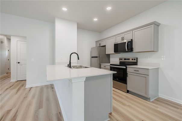 Interior, Kitchen, Recessed Lighting, Stainless Steel Appliances, Wood Texture Flooring