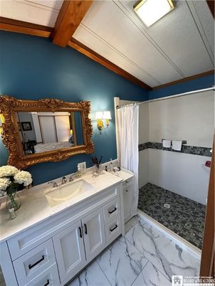 Bathroom, Dual Sink Vanities, Interior, Marble, Wooden Beams
