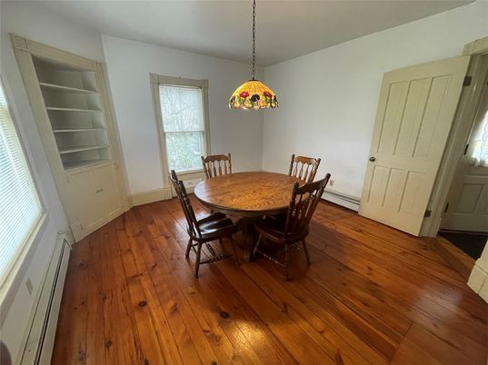 Dining room, Interior, Pendant Lights, Wood Texture Flooring