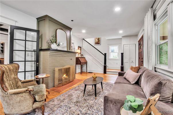 Fireplace, Interior, Living room, Recessed Lighting, Wood Texture Flooring