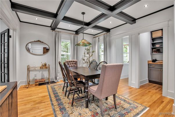 Dining room, Interior, Pendant Lights, Recessed Lighting, Wooden Beams, Wood Texture Flooring