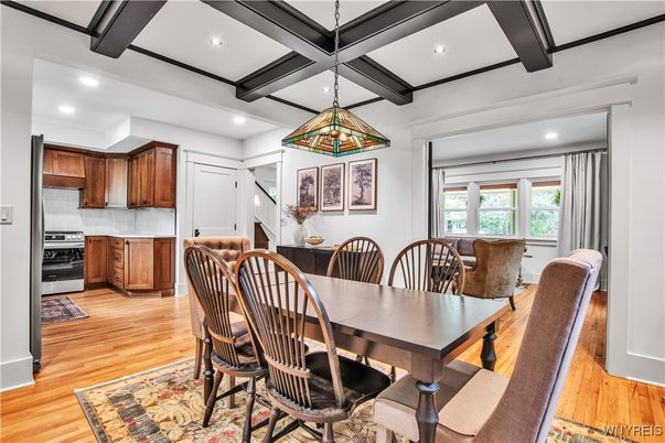 Dining room, Interior, Kitchen, Recessed Lighting, Wooden Beams, Wood Texture Flooring