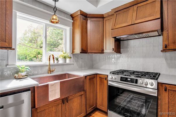 Interior, Kitchen, Pendant Lights, Stainless Steel Appliances, Wood Texture Flooring