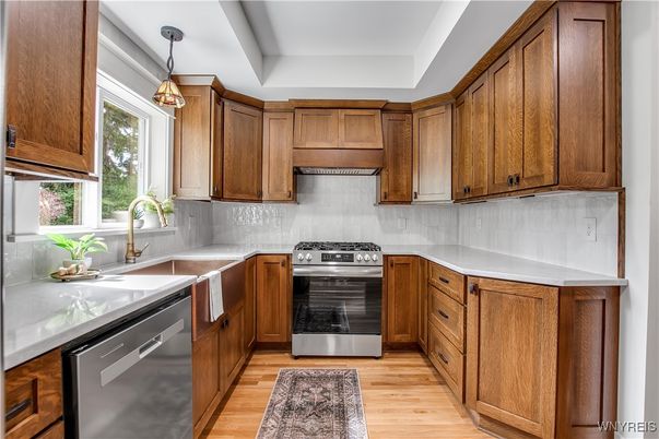 Interior, Kitchen, Pendant Lights, Stainless Steel Appliances, Wood Texture Flooring