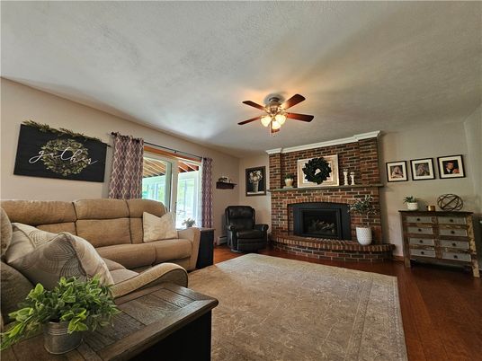 Fireplace, Interior, Living room, Stone Walls, Wood Texture Flooring