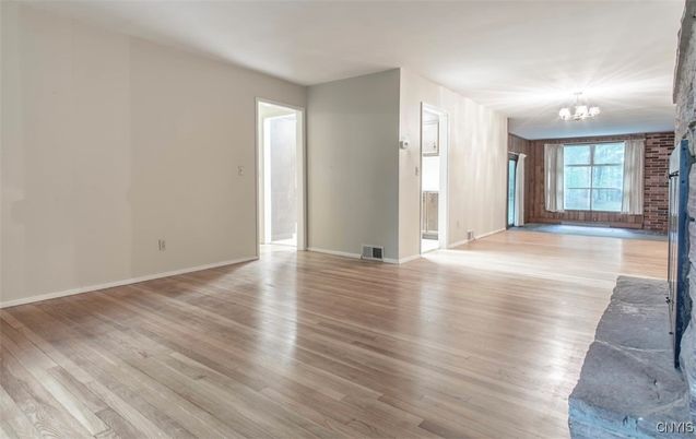 Chandelier, Empty room, Interior, Stone Walls, Wood Texture Flooring