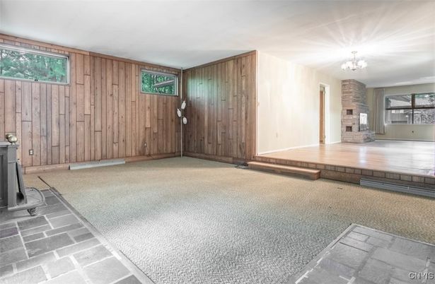 Chandelier, Empty room, Fireplace, Interior, Wooden Walls