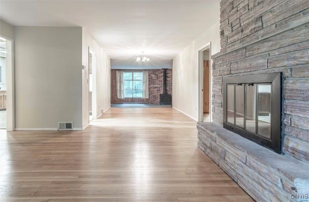 Empty room, Fireplace, Interior, Stone Walls, Wood Texture Flooring