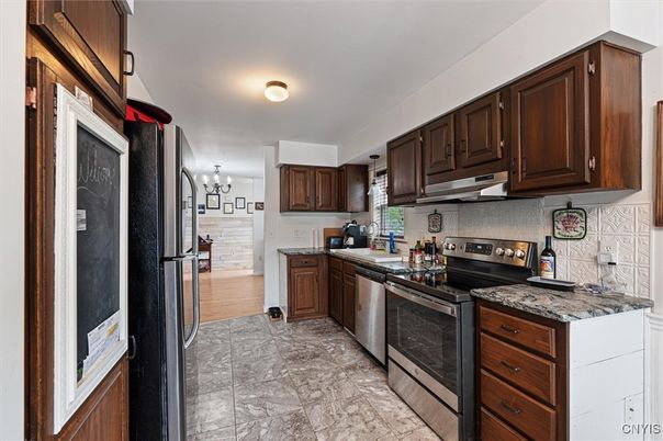 Chandelier, Interior, Kitchen, Stainless Steel Appliances, Wood Texture Flooring