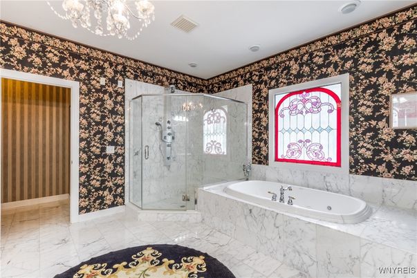Bathroom, Glass Shower, Interior, Marble, Marble Walls, Recessed Lighting