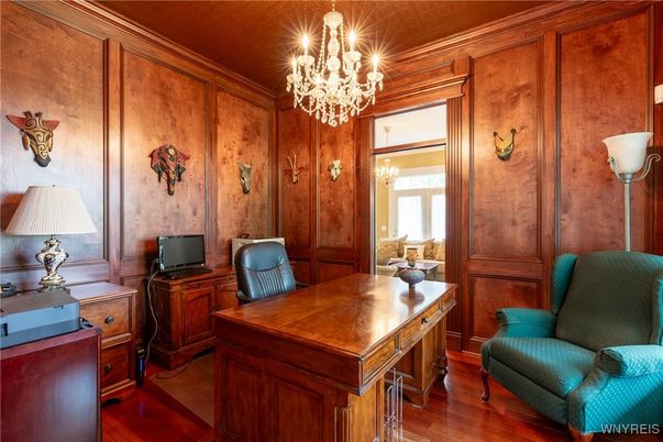 Chandelier, Home Office, Interior, Wood Texture Flooring, Wooden Walls