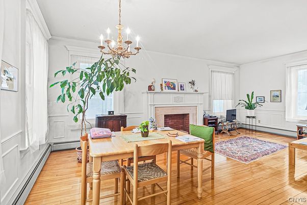 Chandelier, Dining room, Fireplace, Interior, Wood Texture Flooring