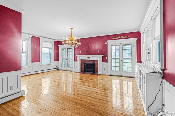 Chandelier, Empty room, Fireplace, Interior, Wood Texture Flooring