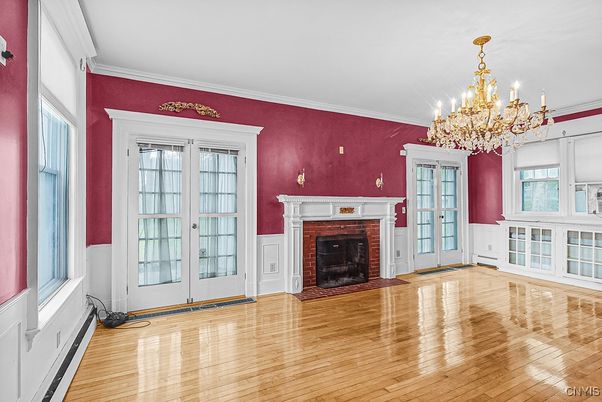 Chandelier, Empty room, Fireplace, Interior, Wood Texture Flooring