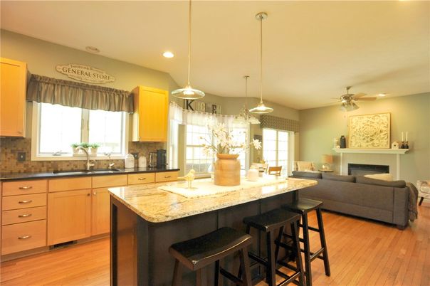 Fireplace, Interior, Kitchen, Living room, Pendant Lights, Recessed Lighting, Wood Texture Flooring