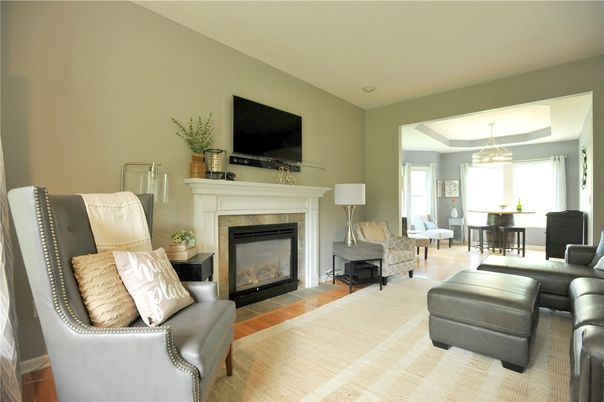 Chandelier, Dining room, Fireplace, Interior, Living room, Pendant Lights, Piano, Wood Texture Flooring