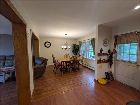 Chandelier, Dining room, Interior, Recessed Lighting, Wood Texture Flooring