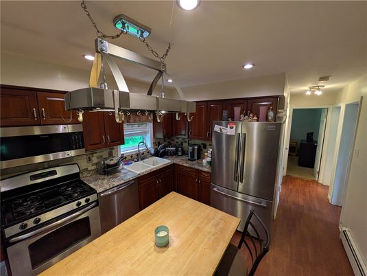 Interior, Kitchen, Recessed Lighting, Stainless Steel Appliances, Wood Texture Flooring