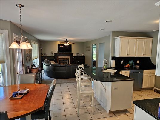 Dining room, Fireplace, Interior, Kitchen, Living room, Pendant Lights, Recessed Lighting