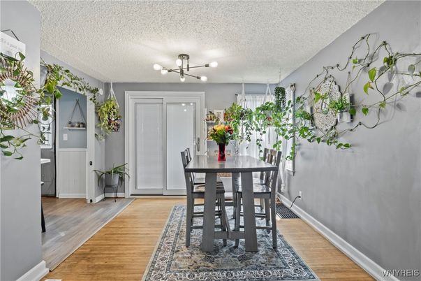 Dining room, Interior, Pendant Lights, Wood Texture Flooring