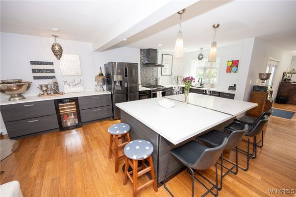 Interior, Kitchen, Pendant Lights, Recessed Lighting, Wood Texture Flooring
