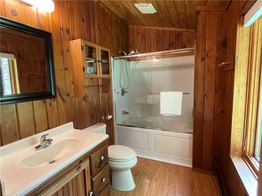Bathroom, Glass Shower, Interior, Wooden Ceilings, Wood Texture Flooring, Wooden Walls