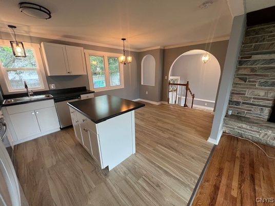 Interior, Kitchen, Pendant Lights, Stone Walls, Wood Texture Flooring