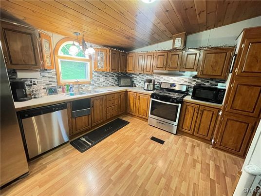 Interior, Kitchen, Pendant Lights, Stainless Steel Appliances, Wooden Ceilings, Wood Texture Flooring