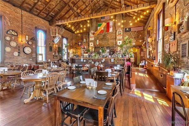 Dining room, Interior, Pendant Lights, Stone Walls, Wooden Beams, Wood Texture Flooring