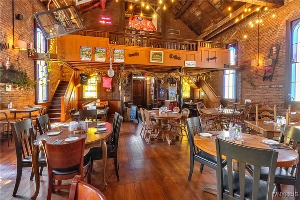 Dining room, Interior, Pendant Lights, Stone Walls, Wooden Beams, Wood Texture Flooring